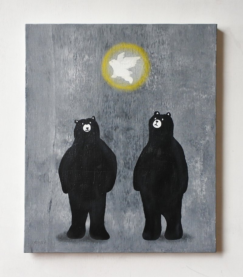 【IROSOCA】天使を見上げる熊　キャンバス絵画　F8サイズ原画 - 海報/掛畫/掛布 - 其他材質 黑色