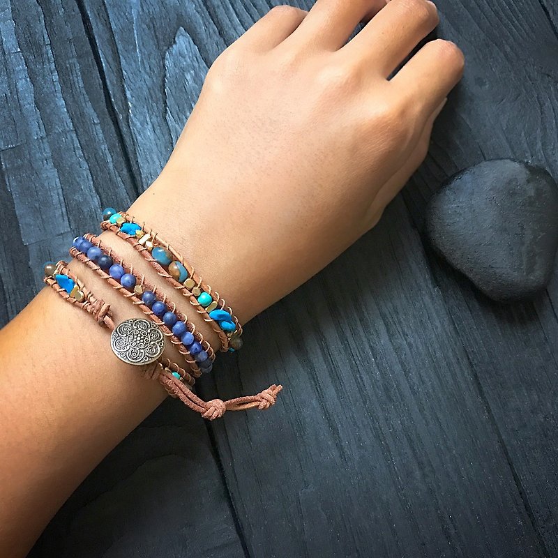 Natural stone braided bracelet - Blue / Sands three times Stone natural stone - สร้อยข้อมือ - เครื่องประดับพลอย สีน้ำเงิน