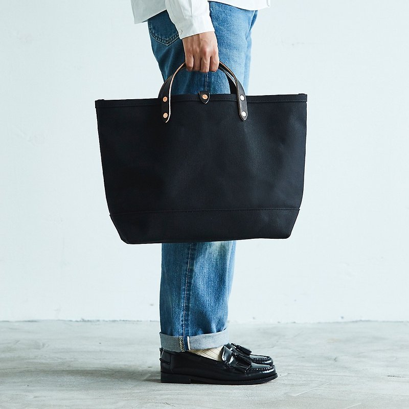 帆布皮革托特包 M 號 日本製造 大號 黑色 日常使用 男式 女式 - 手袋/手提袋 - 棉．麻 黑色