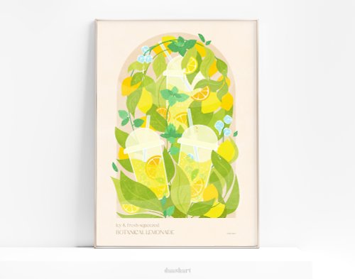 daashart 植物復古檸檬水海報黃色檸檬綠色飲料可印刷牆藝術