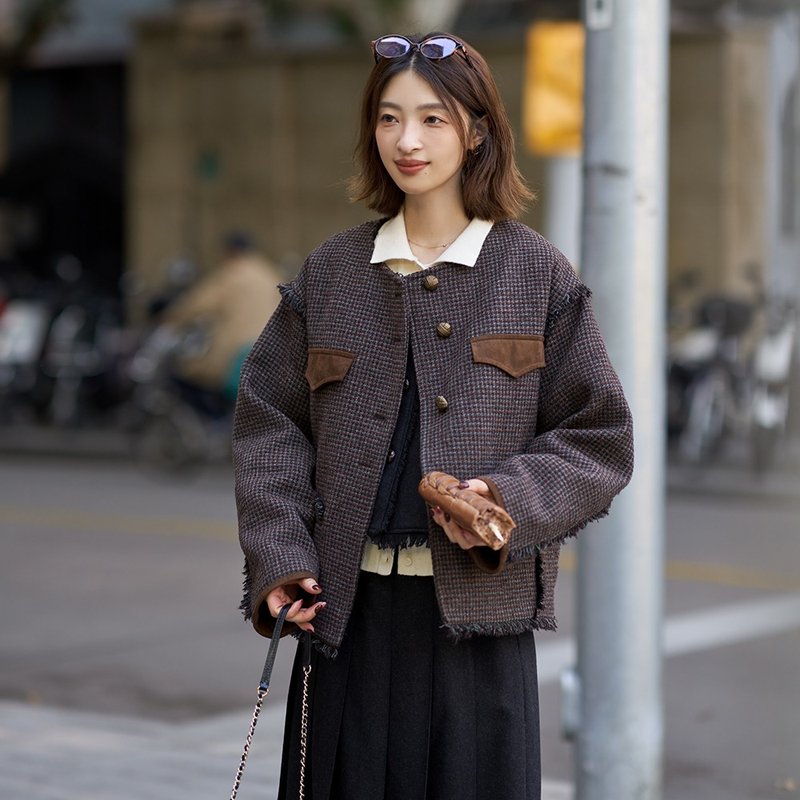 流蘇小香風羽絨服|外套|秋冬款|Sora-1379 - 女大衣/外套 - 羊毛 咖啡色