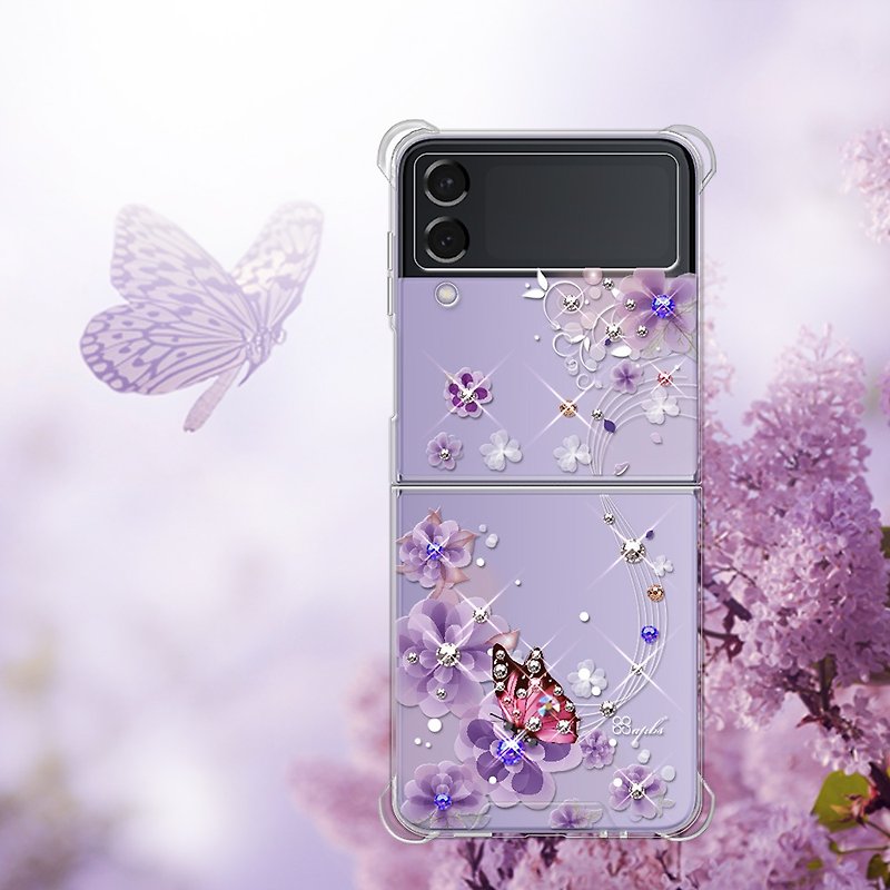 Samsung Z Flip4 5G Crystal Colored Diamond Four Corners Thickened Double Material Phone Case - Love Butterfly Love - เคส/ซองมือถือ - วัสดุอื่นๆ หลากหลายสี
