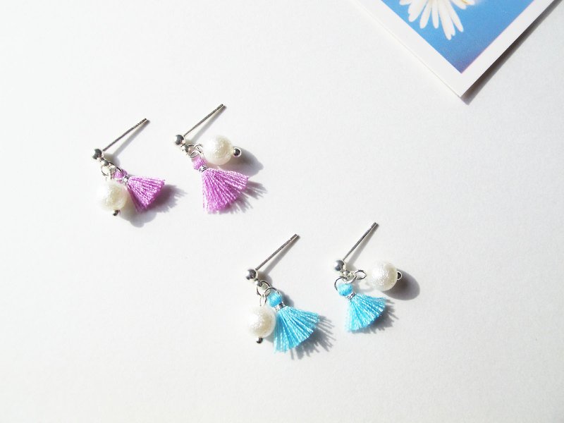 ＊Rosy Garden＊Fancy pantone Pastel color tassels with japan cotton pearls earrings (5 colors) - Earrings & Clip-ons - Cotton & Hemp Multicolor