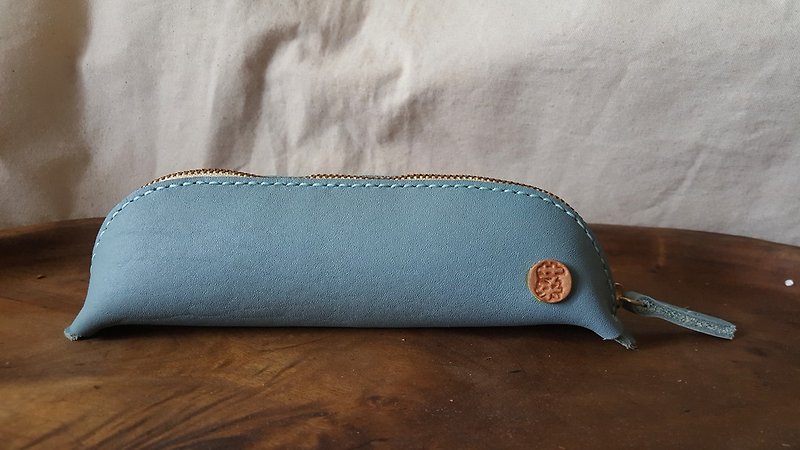 Exclusive custom gray-blue pen case (customized lover, birthday gift) - Pencil Cases - Genuine Leather Blue