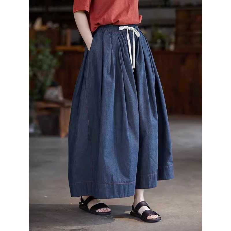 Old blue denim yarn-dyed cotton canvas elastic waist versatile culottes - กางเกงขายาว - ผ้าฝ้าย/ผ้าลินิน 