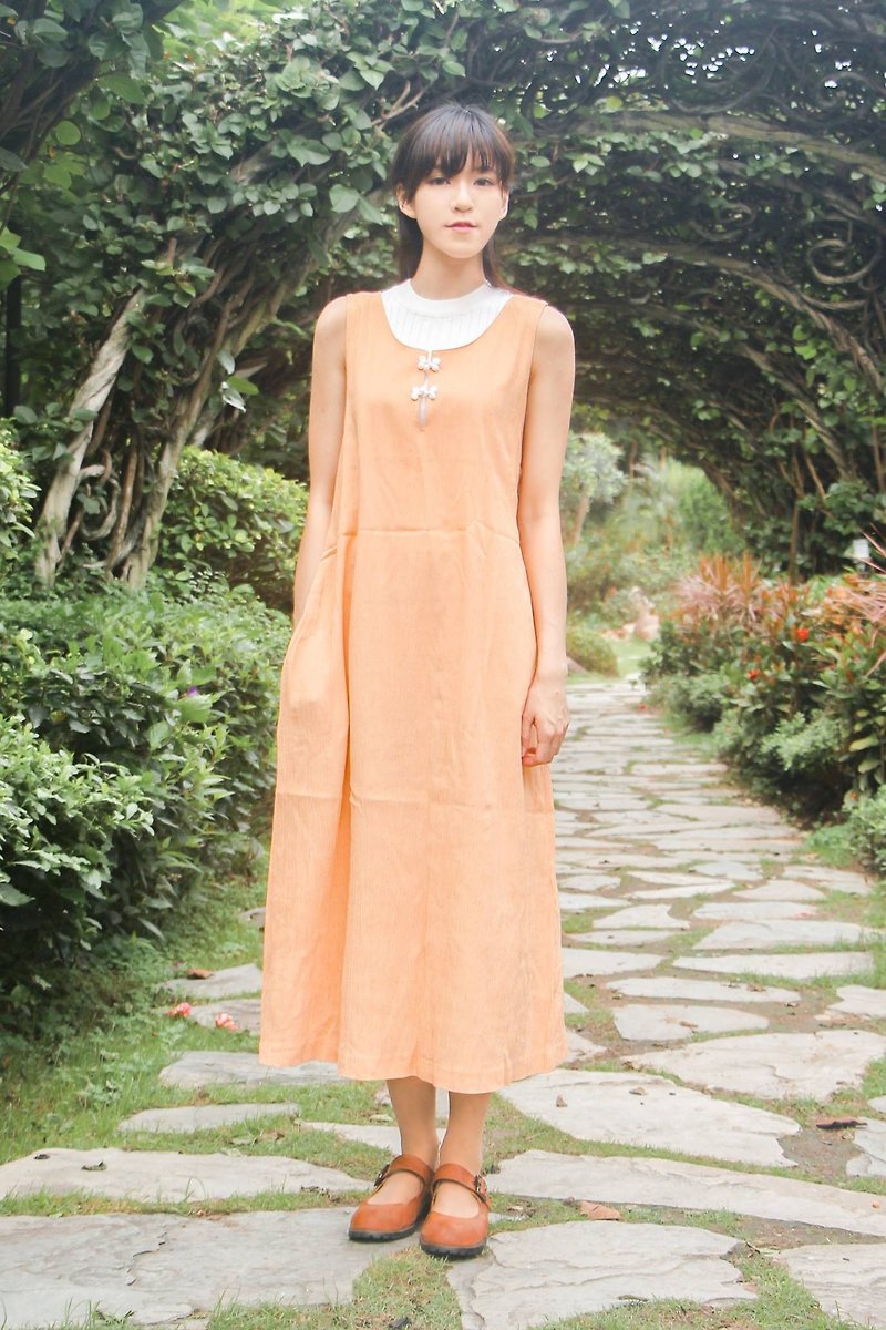 Vintage / Peach Orange Sleeveless Dress - One Piece Dresses - Cotton & Hemp Orange