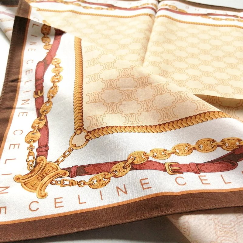 Celine Paris Vintage Scarf 20 x 19.5 inches Monogram - 絲巾 - 棉．麻 卡其色
