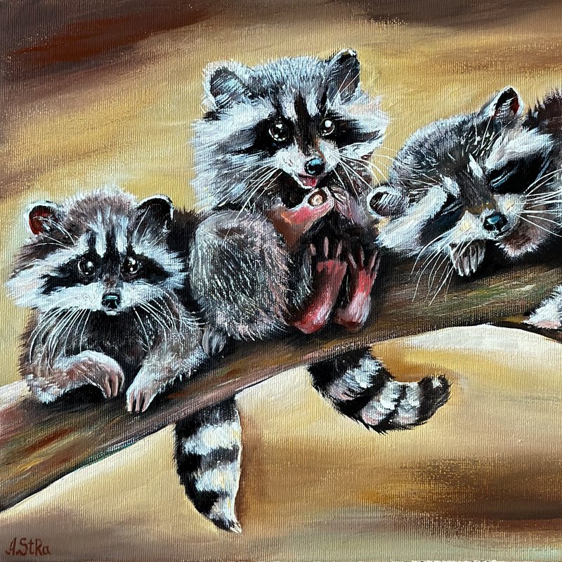 Raccoon canvas painting Raccoon wall art Animal wall decor Forest art Baby gift - 壁貼/牆壁裝飾 - 棉．麻 多色