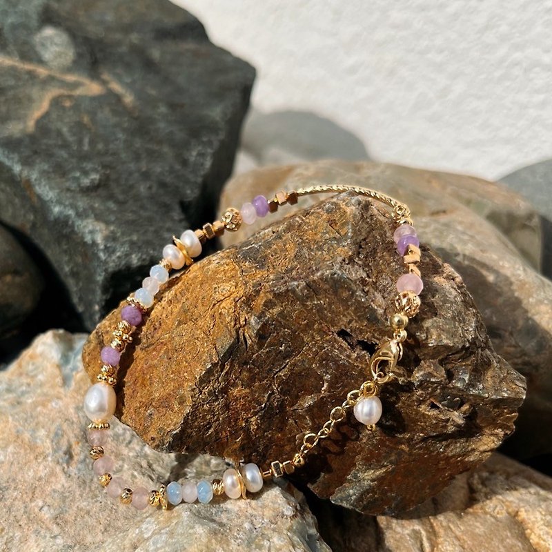 Lavender amethyst/moonstone/natural real pearl/14 wrapped gold/mineral crystal b - Bracelets - Other Materials Pink