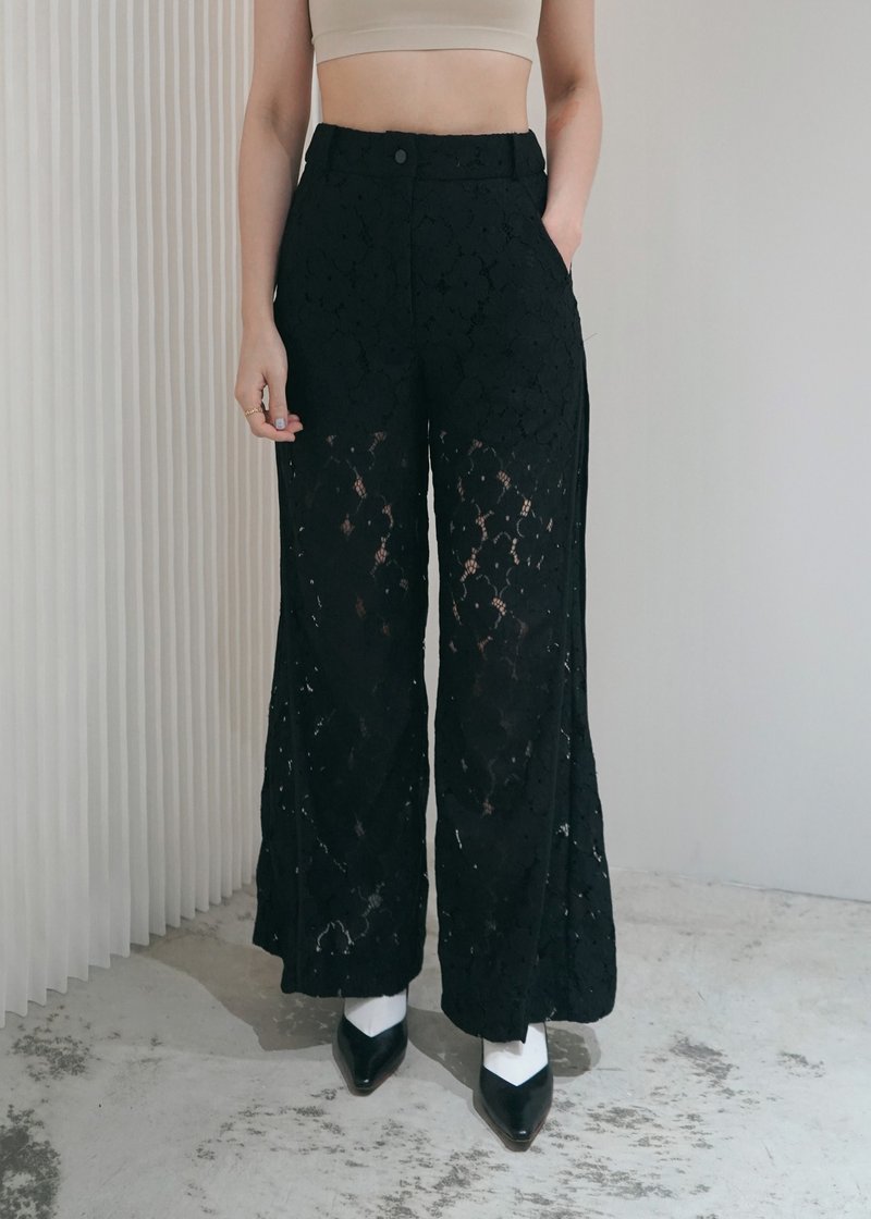 Cut lace long wide pants/black - กางเกงขายาว - ผ้าฝ้าย/ผ้าลินิน สีดำ