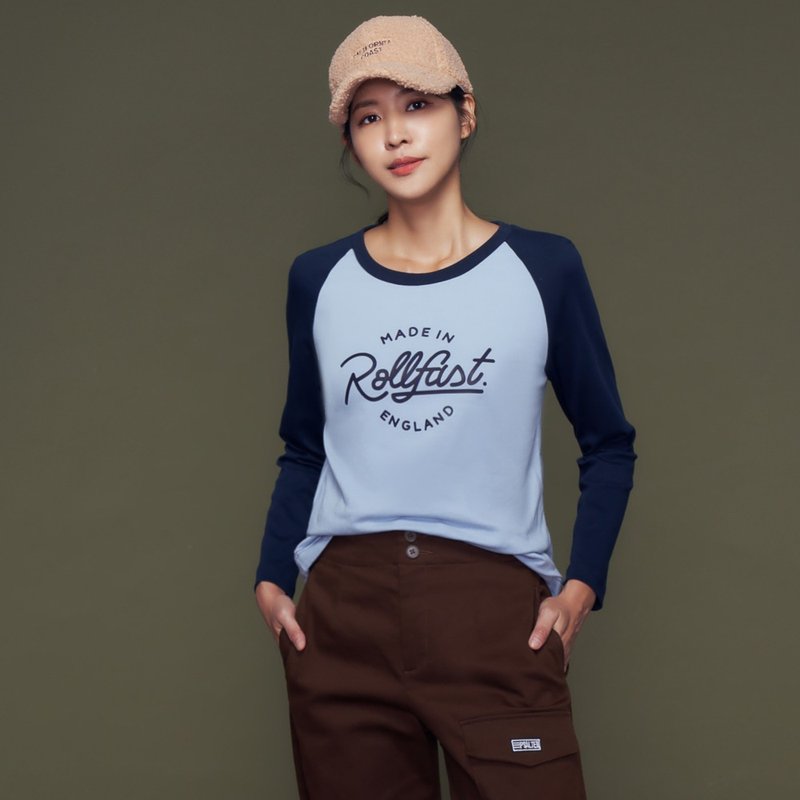 【MEDUSA】American Retro Raglan Contrast T-shirt - เสื้อยืดผู้หญิง - ผ้าฝ้าย/ผ้าลินิน สีน้ำเงิน