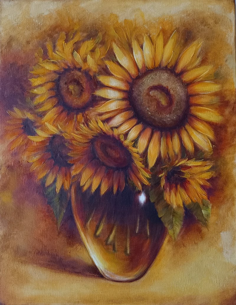 Golden sunflowers in a transparent vase oil painting - ตกแต่งผนัง - วัสดุอื่นๆ สีนำ้ตาล