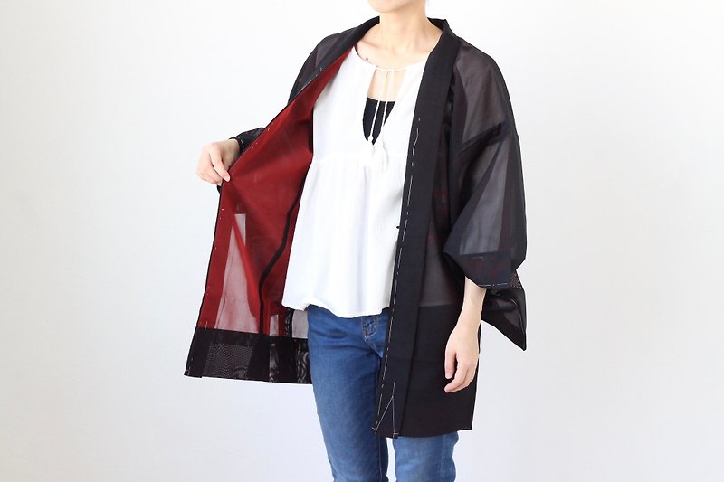 black summer kimono, EXCELLENT VINTAGE, kimono jacket /3916 - 外套/大衣 - 其他人造纖維 黑色
