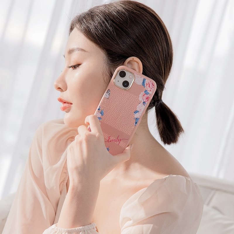 婚禮玫瑰 蜜荔殼 蜜荔粉天然皮革殼 - iPhone客製化手機殼 - 手機殼/手機套 - 真皮 粉紅色
