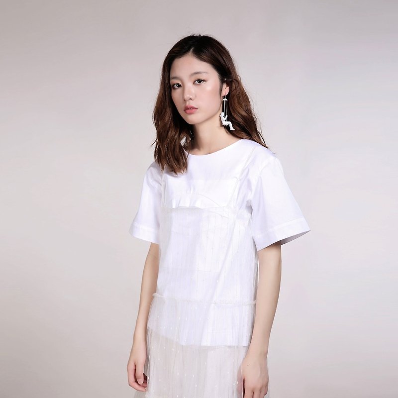 White fun three-dimensional big eyes blouse - เสื้อผู้หญิง - ผ้าฝ้าย/ผ้าลินิน ขาว