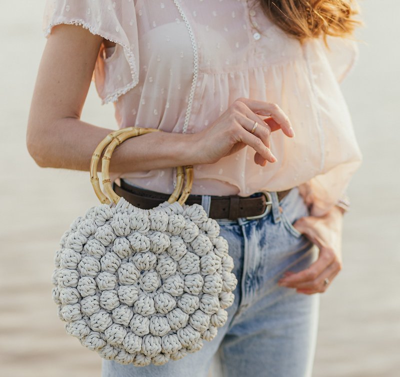 Crocheted Round Bag in Boho Style with Popcorn or Bubble Pattern with Bamboo Rou - Handbags & Totes - Other Materials 