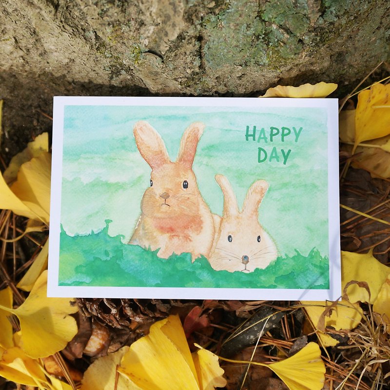 Lovely Animal watercolor postcard, Greeting card, Birthday card, print - rabbits - การ์ด/โปสการ์ด - กระดาษ สีเขียว
