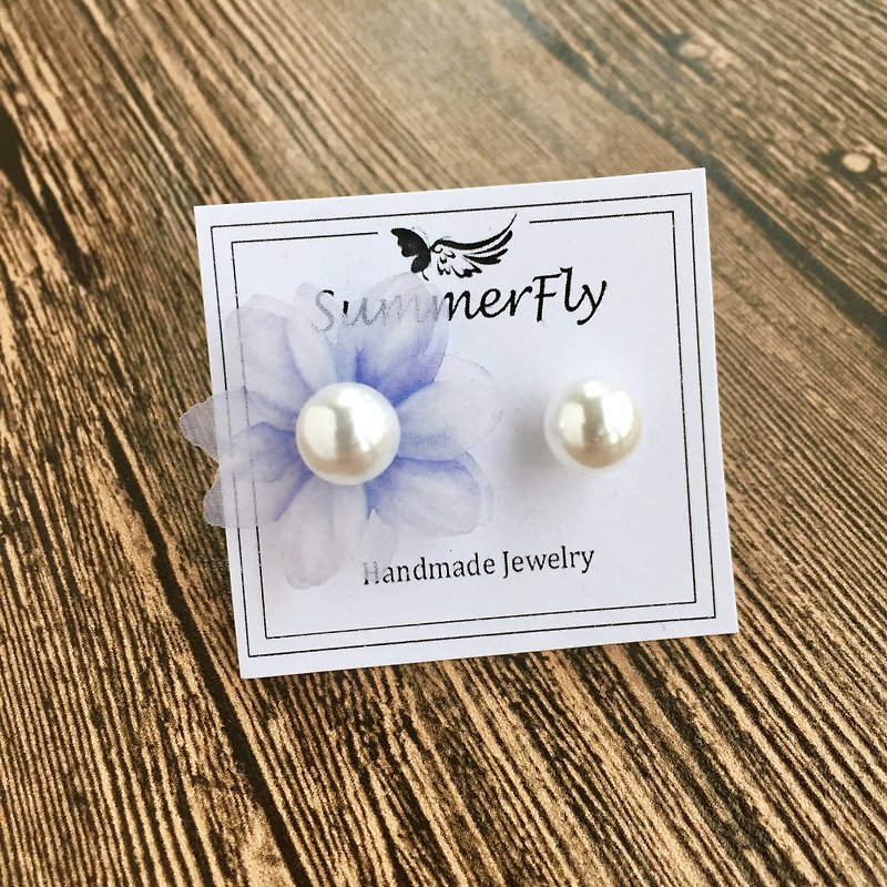 耳針 耳夾—藍色暈染真絲花朵珍珠耳環 - 耳環/耳夾 - 其他材質 藍色