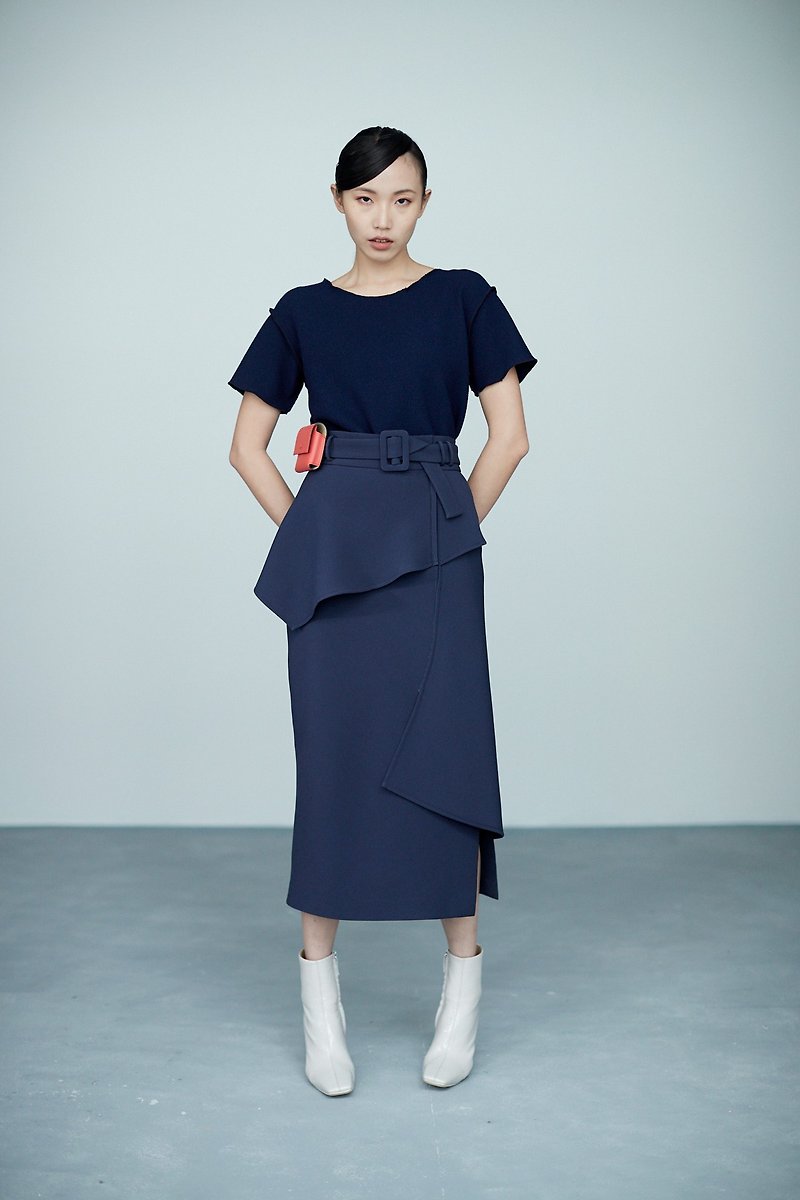 Twill dark blue multi-piece slit narrow skirt - กระโปรง - เส้นใยสังเคราะห์ สีน้ำเงิน