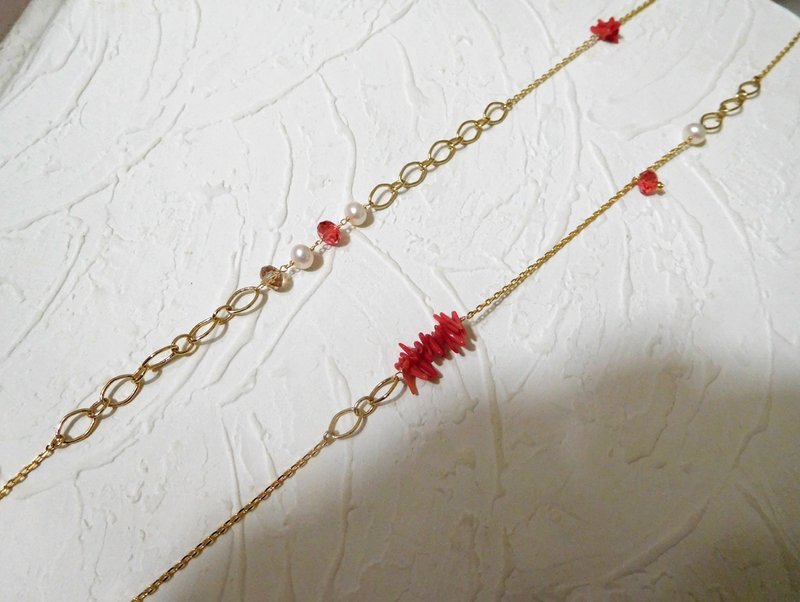 特製合金艷夏仿不規則紅珊瑚珍珠水晶不對稱長鏈 預定款 - 項鍊 - 其他材質 紅色