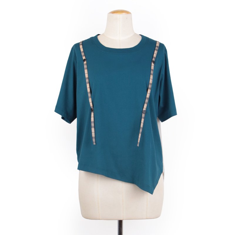 藍綠米 - 雙帶釦飾不規則拼色短T #U1185 - 女上衣/長袖上衣 - 棉．麻 藍色