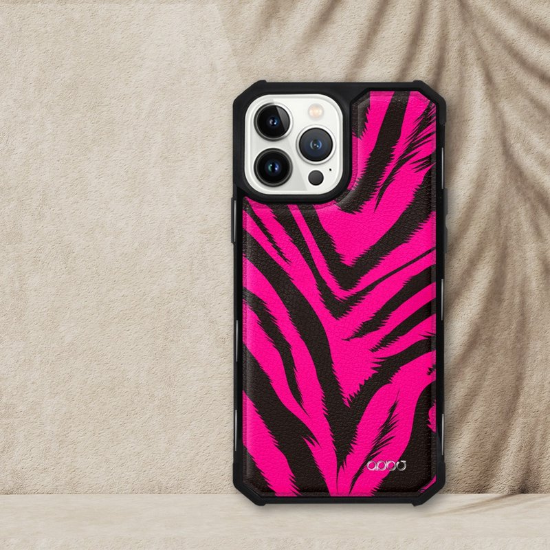 iPhone 13 Full Range of Military-Spec Shock-Resistant Leather Magnetic Phone Cases-Pink Tiger Pattern (Gloss Version) Black Shell - Phone Cases - Other Materials Multicolor