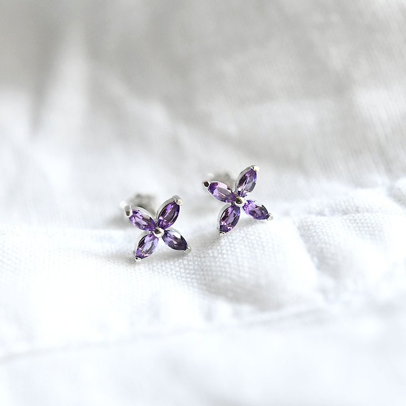 Love's guardian stone amethyst flower stud earrings earrings February birthstone - ต่างหู - เครื่องเพชรพลอย สีม่วง