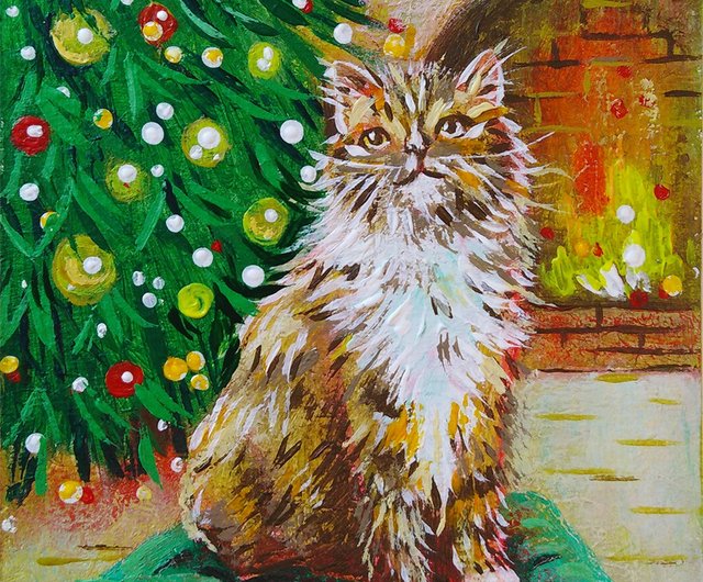 元の絵画クリスマス ツリーの暖炉の猫の肖像画 - ショップ Art by JTar