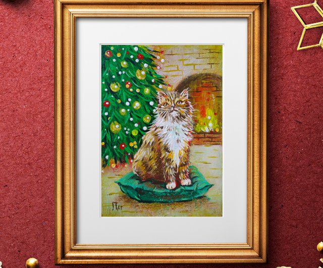 元の絵画クリスマス ツリーの暖炉の猫の肖像画 - ショップ Art by JTar