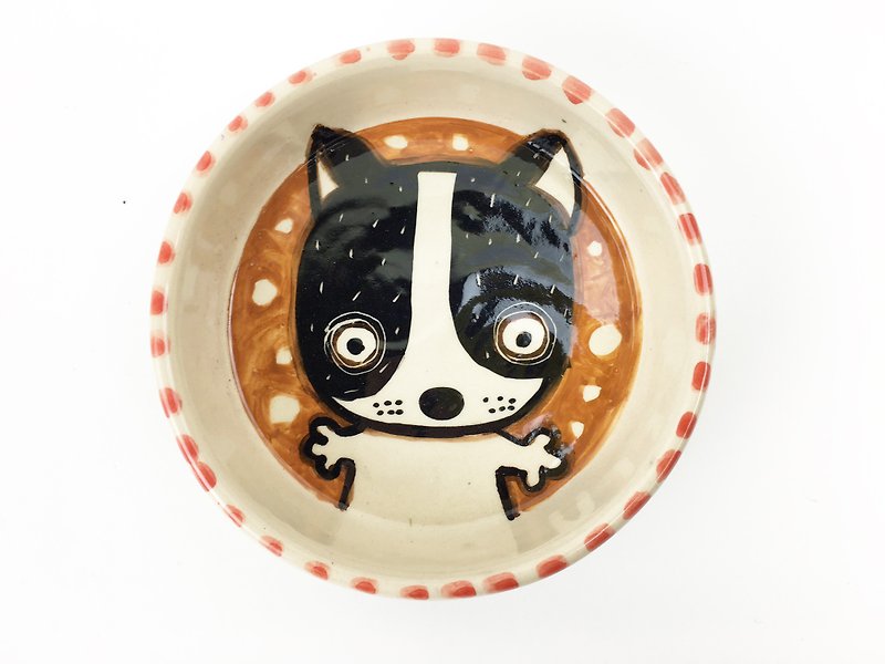 Nice Little Clay hand painted disk _ cute dog 112519 - จานเล็ก - ดินเผา สีนำ้ตาล