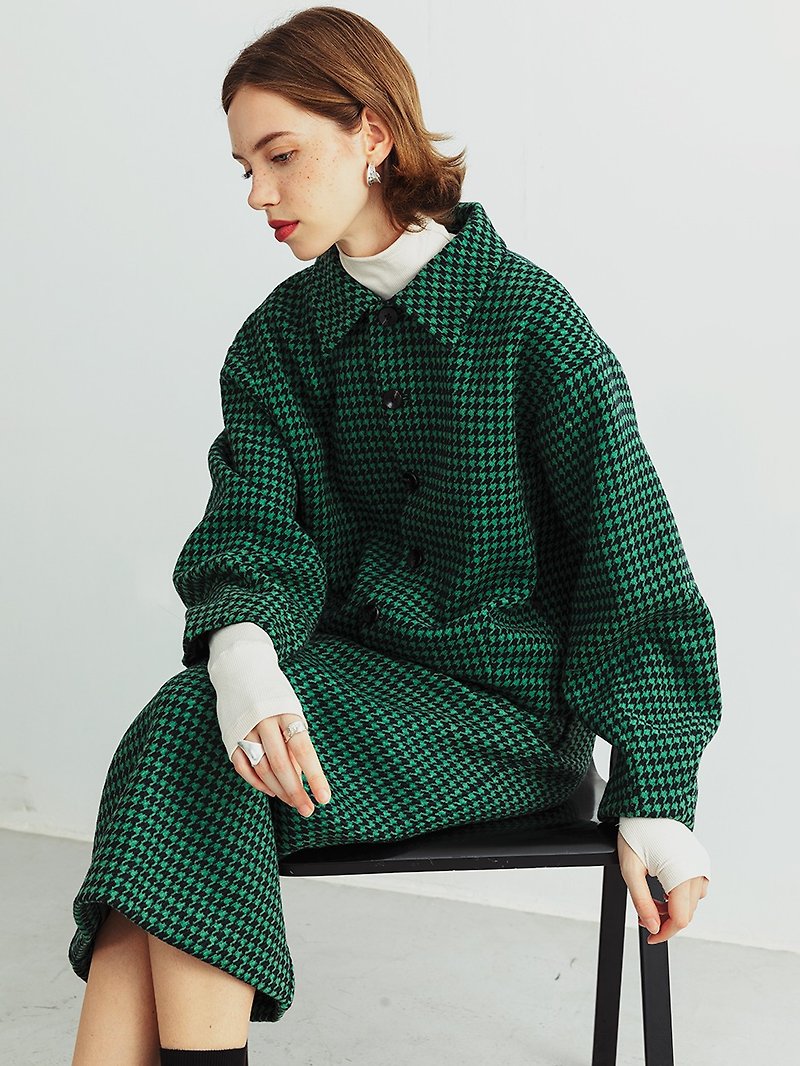 Heavy padded wool short coat women's 2021 autumn and winter commuting retro houndstooth thick flower high-waisted top - Women's Blazers & Trench Coats - Wool Green