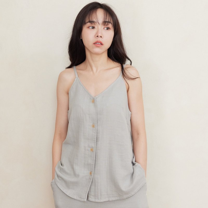 呼吸二重紗細肩帶排扣背心-共2色/睡衣/內搭背心 - 背心/無袖上衣 - 棉．麻 多色
