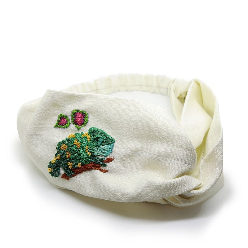 [Shell art] 100% hand-embroidered headband (chameleon) - ที่คาดผม - ผ้าฝ้าย/ผ้าลินิน ขาว