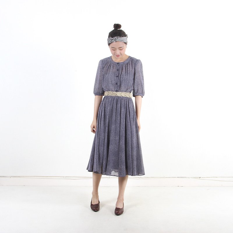 (Egg Plant Vintage) Round Skirt Light Print Short Sleeve Vintage Dress - One Piece Dresses - Polyester Black