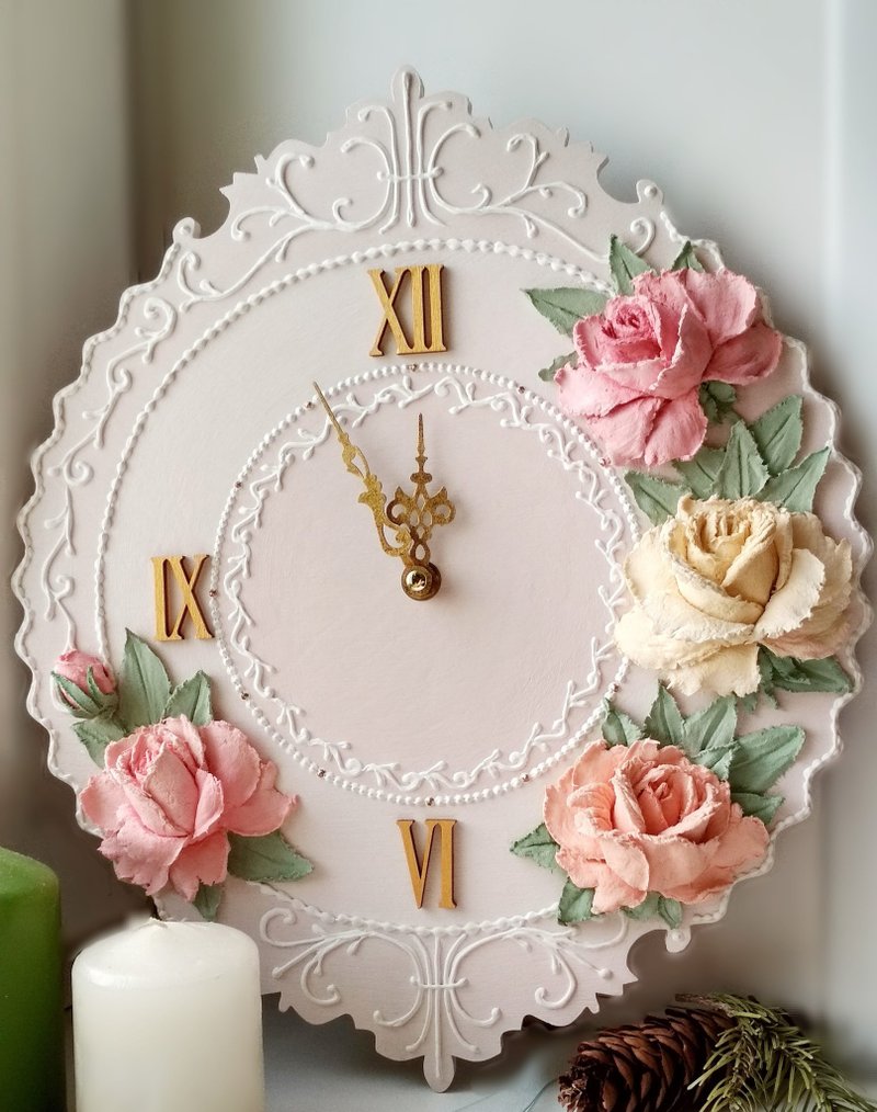 掛鐘 Wall clock with roses Pink Flower clock Silent wall clock for bedroom Gift - นาฬิกา - ไม้ สึชมพู