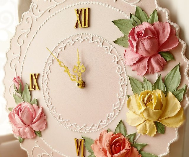 バラとピンクの壁掛け時計花時計寝室の壁の装飾のためのサイレント 