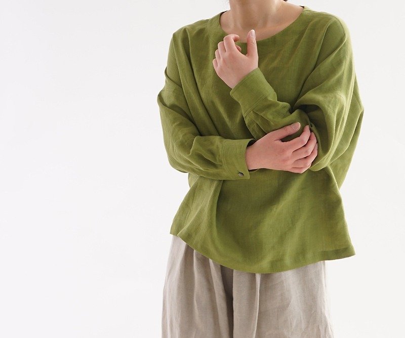 リトアニアリネン カフスシャツ袖のドロップショルダー トップス/オリーブパッセ t002a-ovp1 - 女裝 上衣 - 棉．麻 綠色