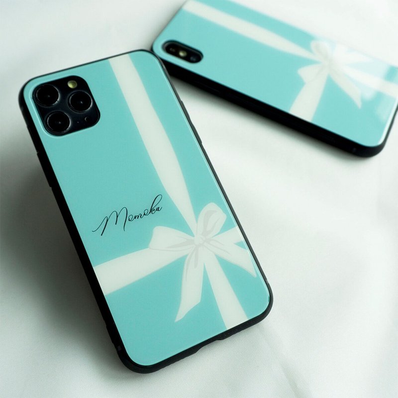多機種対応 スマホケース ガラス【 ホワイトリボン 名入れ 】 エメラルドグリーン iPhone android JI30U - 手機殼/手機套 - 玻璃 藍色