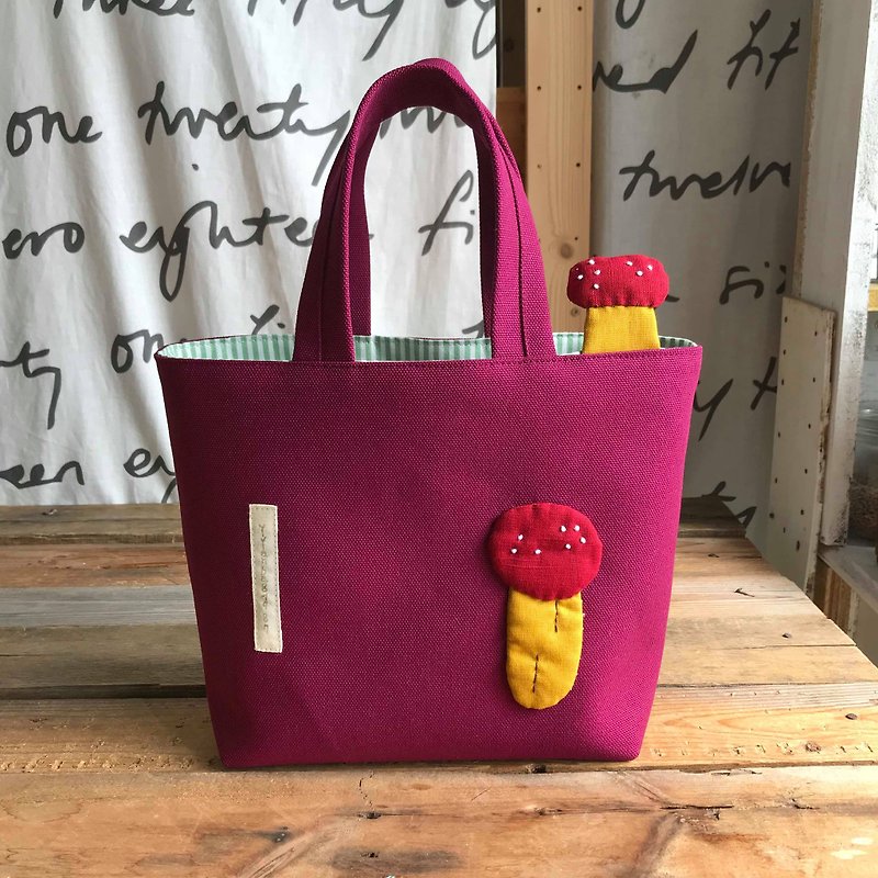 Mustard Yellow Red Mushroom Tote Bag/Purple Red Bottom - Handbags & Totes - Cotton & Hemp Red