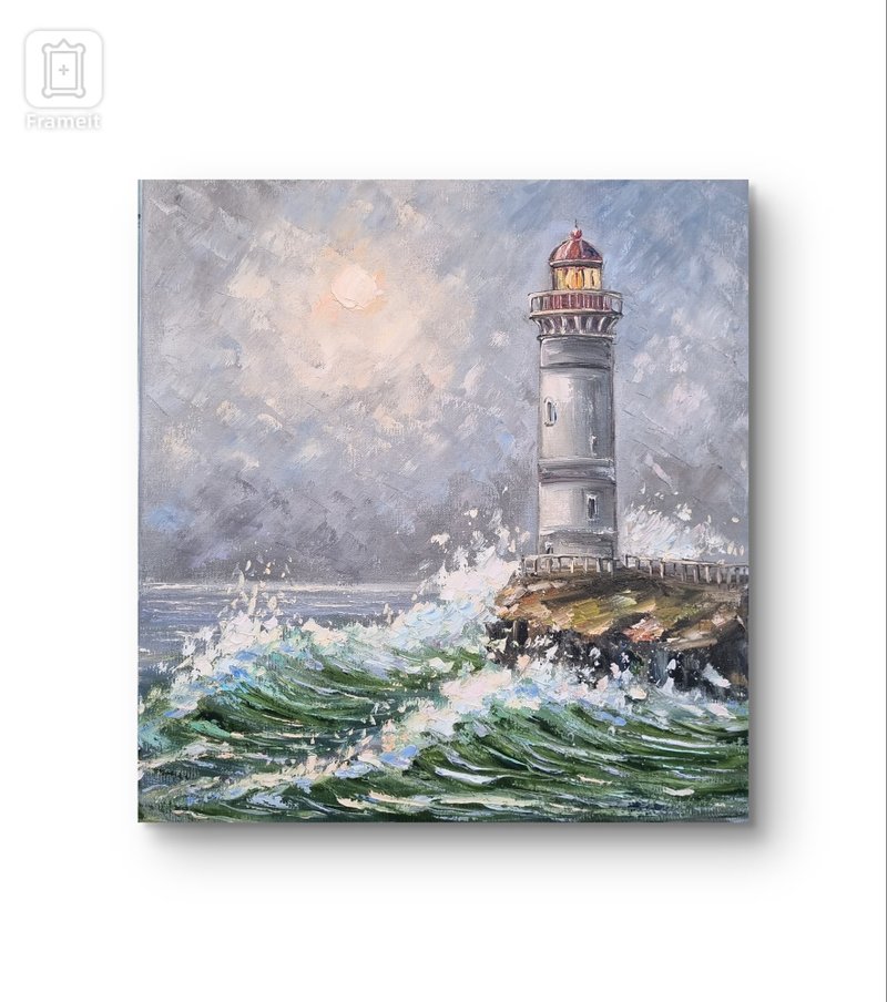 Lighthouse oil painting seascape painting Original Art by Anna Antonova - 壁貼/牆壁裝飾 - 棉．麻 藍色