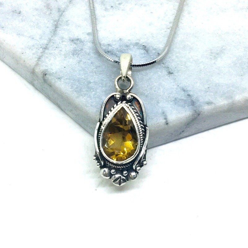 Yellow crystal 925 sterling silver retro magic mirror style necklace Nepal handmade mosaic production - Necklaces - Gemstone Yellow
