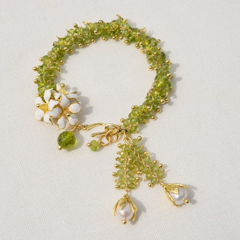 Orange Jasmine Flower Bracelet with Peridot and Pearl Tassels - Bracelets - Copper & Brass Gold