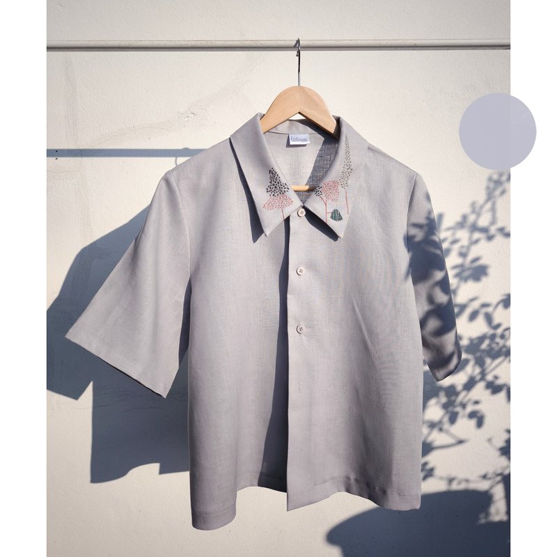 Embroidery | Linen | Shirt, grey - 女襯衫 - 棉．麻 灰色