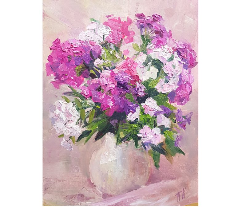 Pink Flowers Oil Painting Original Artwork Hanging Canvas Flower Wall Art - Wall Décor - Other Materials Pink