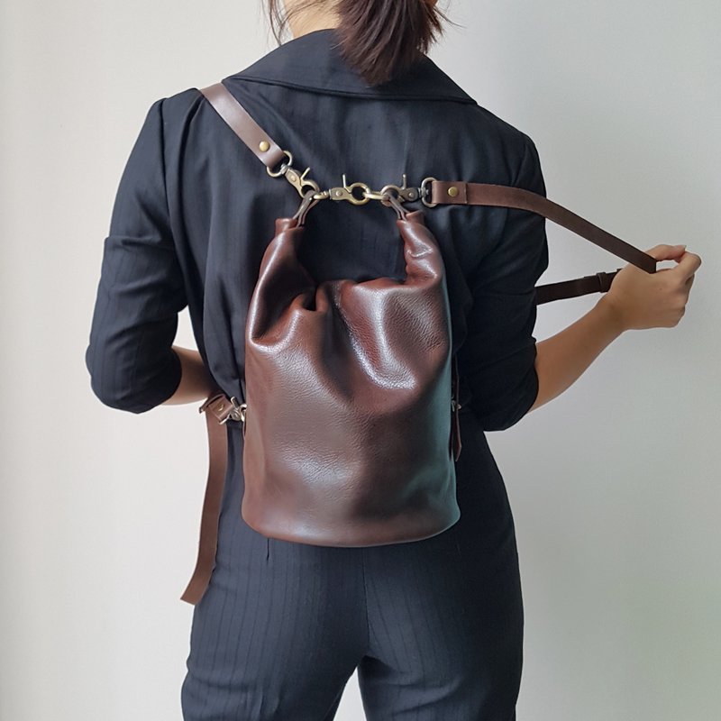 GENUINE LEATHER ROLL TOP MEDIUM CAPACITY BUCKET BAG (5L) - A37M - Drawstring Bags - Genuine Leather Brown