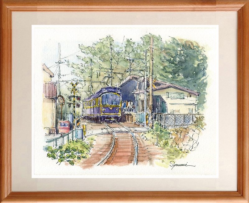 Original watercolor painting Enoden station - โปสเตอร์ - กระดาษ สีม่วง