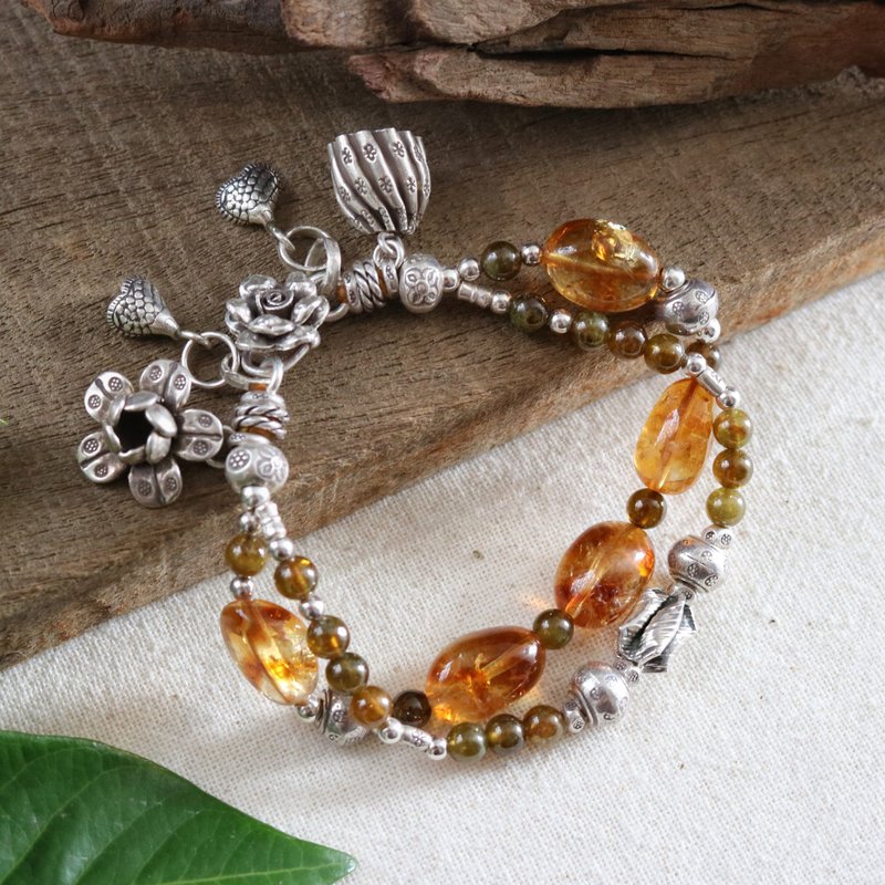 Handmade High Quality Citrine Green Garnet Bracelet with Karen Hill Tribe Silver - Bracelets - Sterling Silver Orange