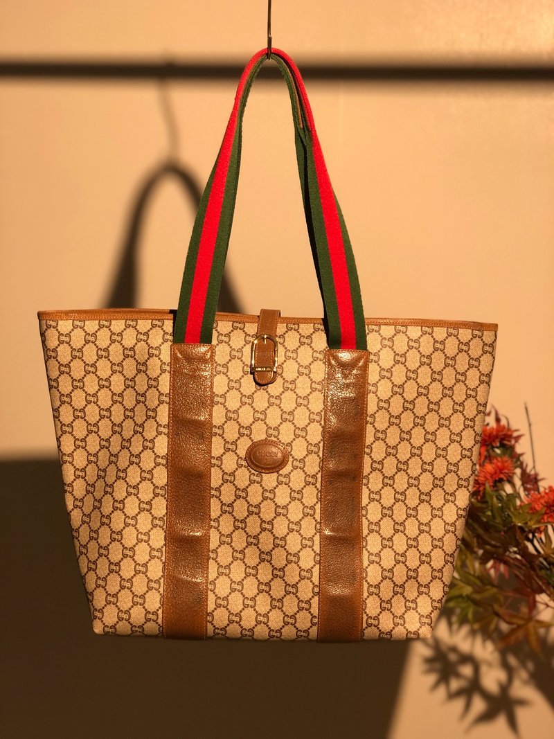 【 日本直送　名牌中古包 】GUCCI グッチ シェリーライン ロゴ PVC×レザー トートバッグ ベージュ vintage オールドグッチ z774zk - 手提包/手提袋 - 真皮 咖啡色