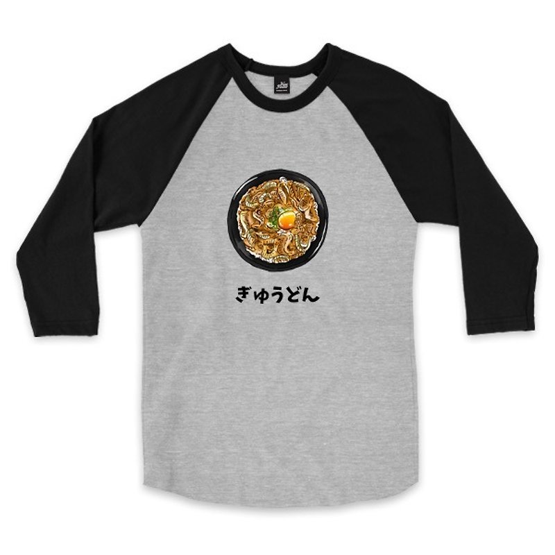 Gyudon-Grey/Black-3/4 Sleeve Baseball T-Shirt - เสื้อยืดผู้ชาย - ผ้าฝ้าย/ผ้าลินิน สีเทา