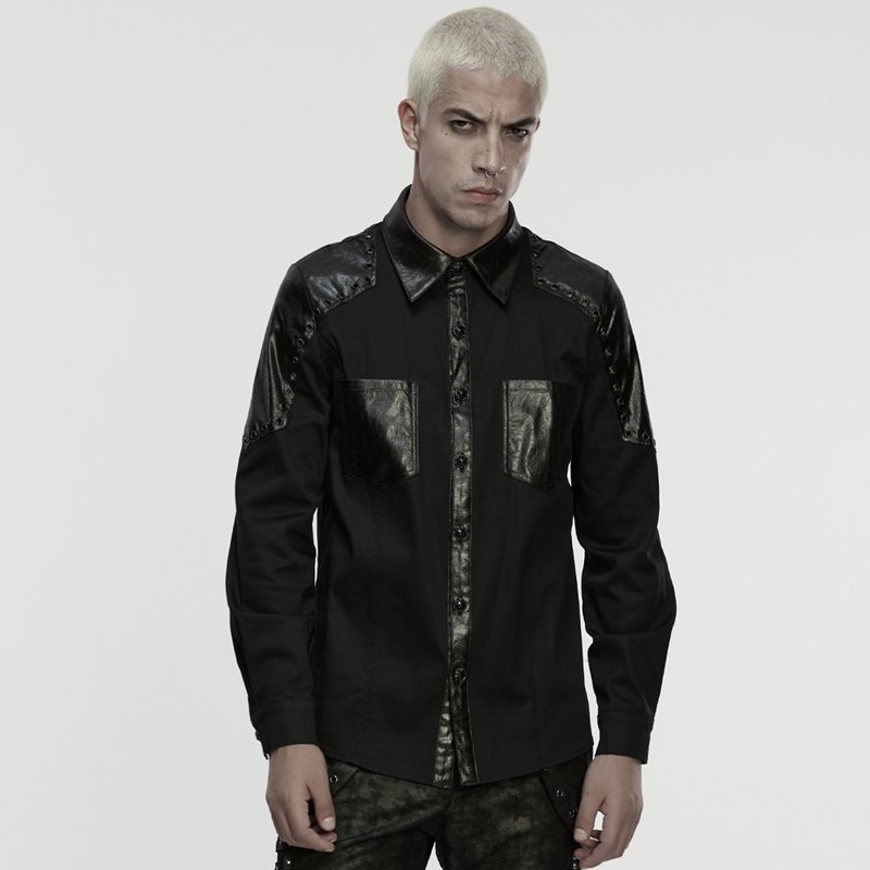 龐克異界警衛肩甲仿皮革襯衫 - 男襯衫/休閒襯衫 - 其他材質 黑色